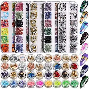 5 Box 11440pcs Nails Rhinestones, 36 Pots Foils Flakes, Teenitor Professional Nail Decoration with Gems for Nails Stud Foil for Nails Art