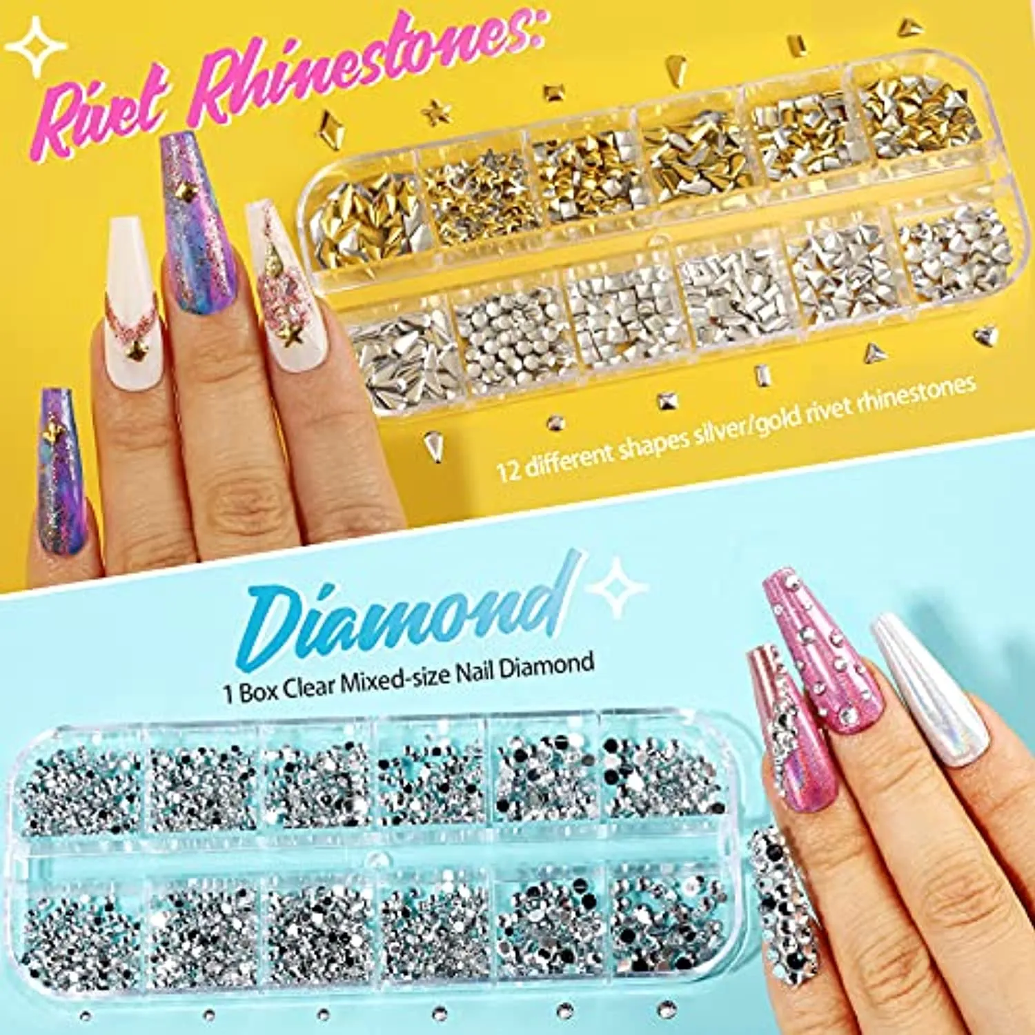 5 Box 11440pcs Nails Rhinestones, 36 Pots Foils Flakes, Teenitor Professional Nail Decoration with Gems for Nails Stud Foil for Nails Art