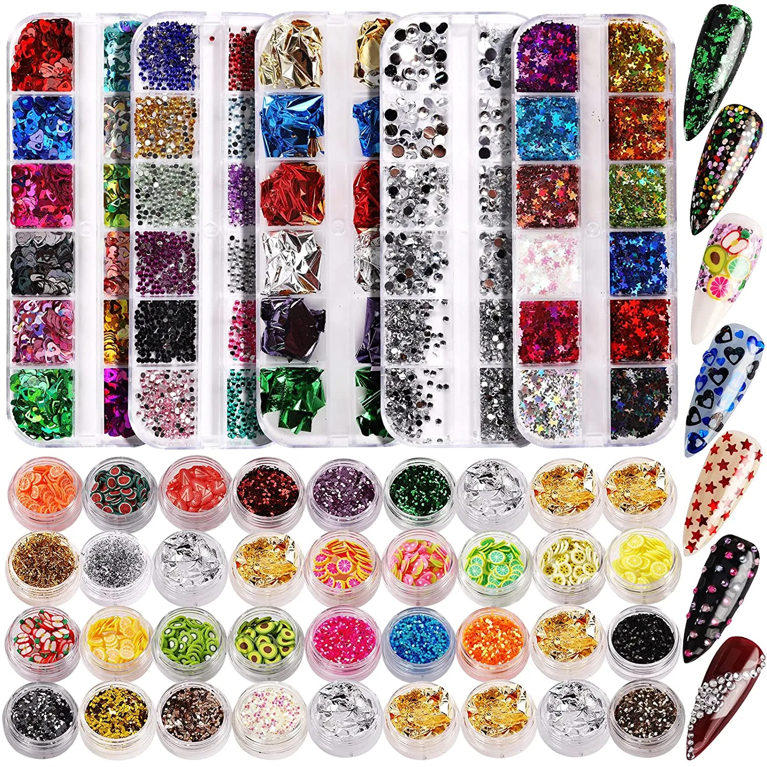5 Box 11440pcs Nails Rhinestones, 36 Pots Foils Flakes, Teenitor Professional Nail Decoration with Gems for Nails Stud Foil for Nails Art