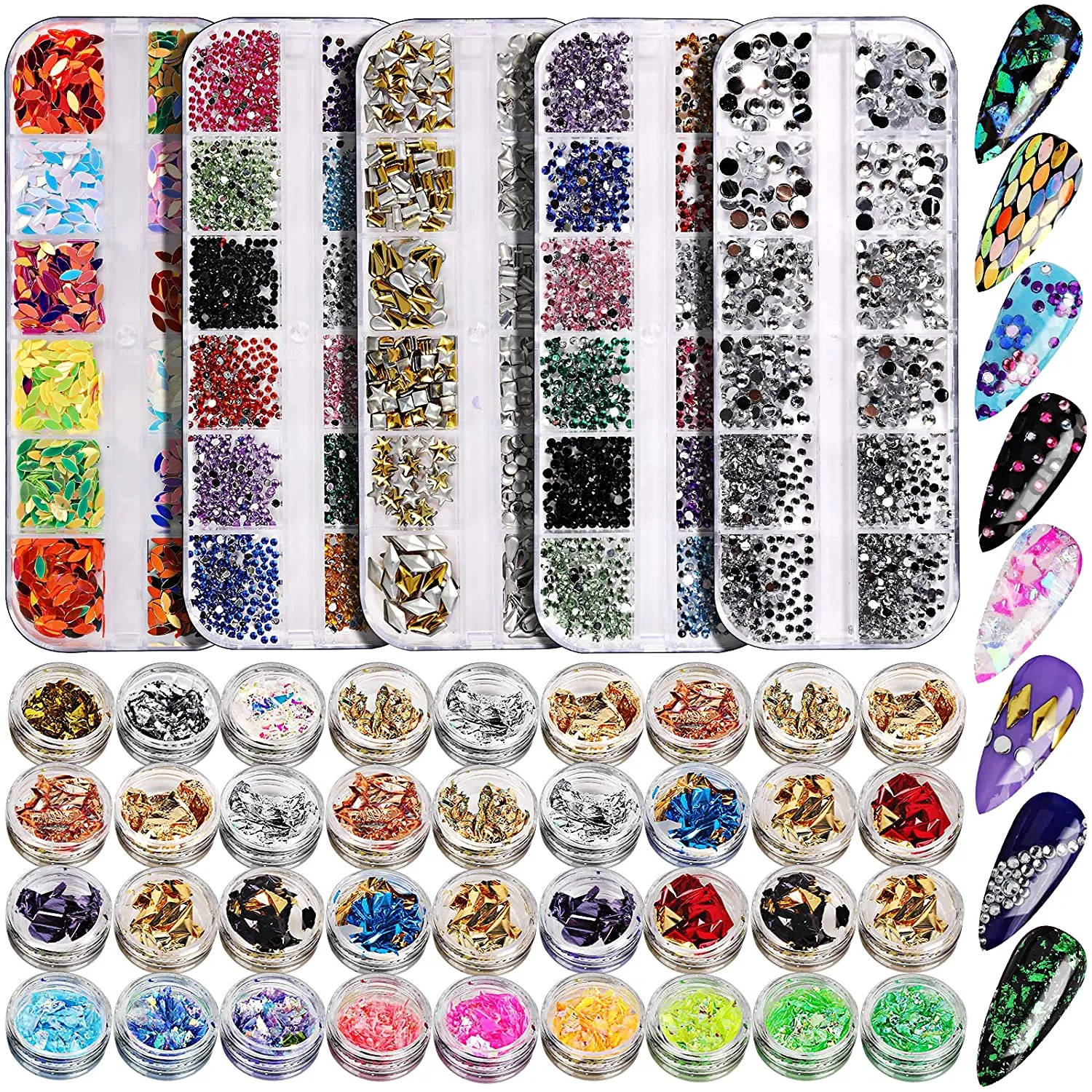 5 Box 11440pcs Nails Rhinestones, 36 Pots Foils Flakes, Teenitor Professional Nail Decoration with Gems for Nails Stud Foil for Nails Art