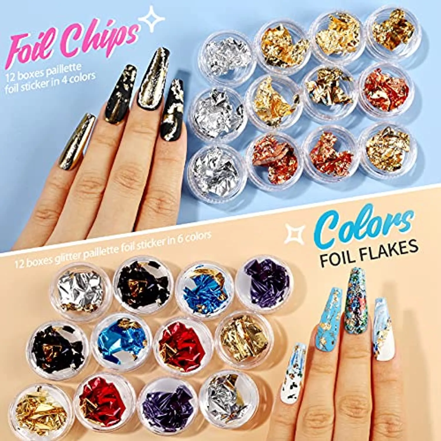 5 Box 11440pcs Nails Rhinestones, 36 Pots Foils Flakes, Teenitor Professional Nail Decoration with Gems for Nails Stud Foil for Nails Art