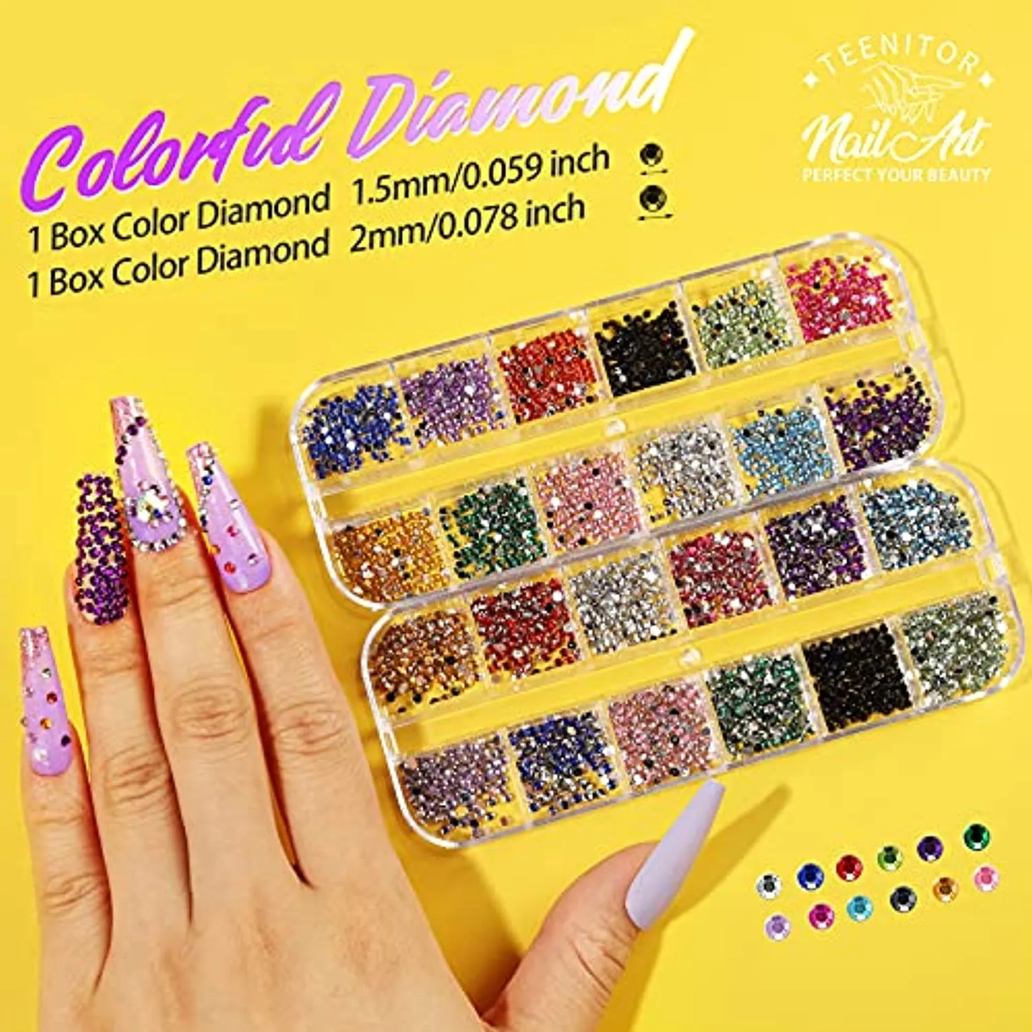 5 Box 11440pcs Nails Rhinestones, 36 Pots Foils Flakes, Teenitor Professional Nail Decoration with Gems for Nails Stud Foil for Nails Art