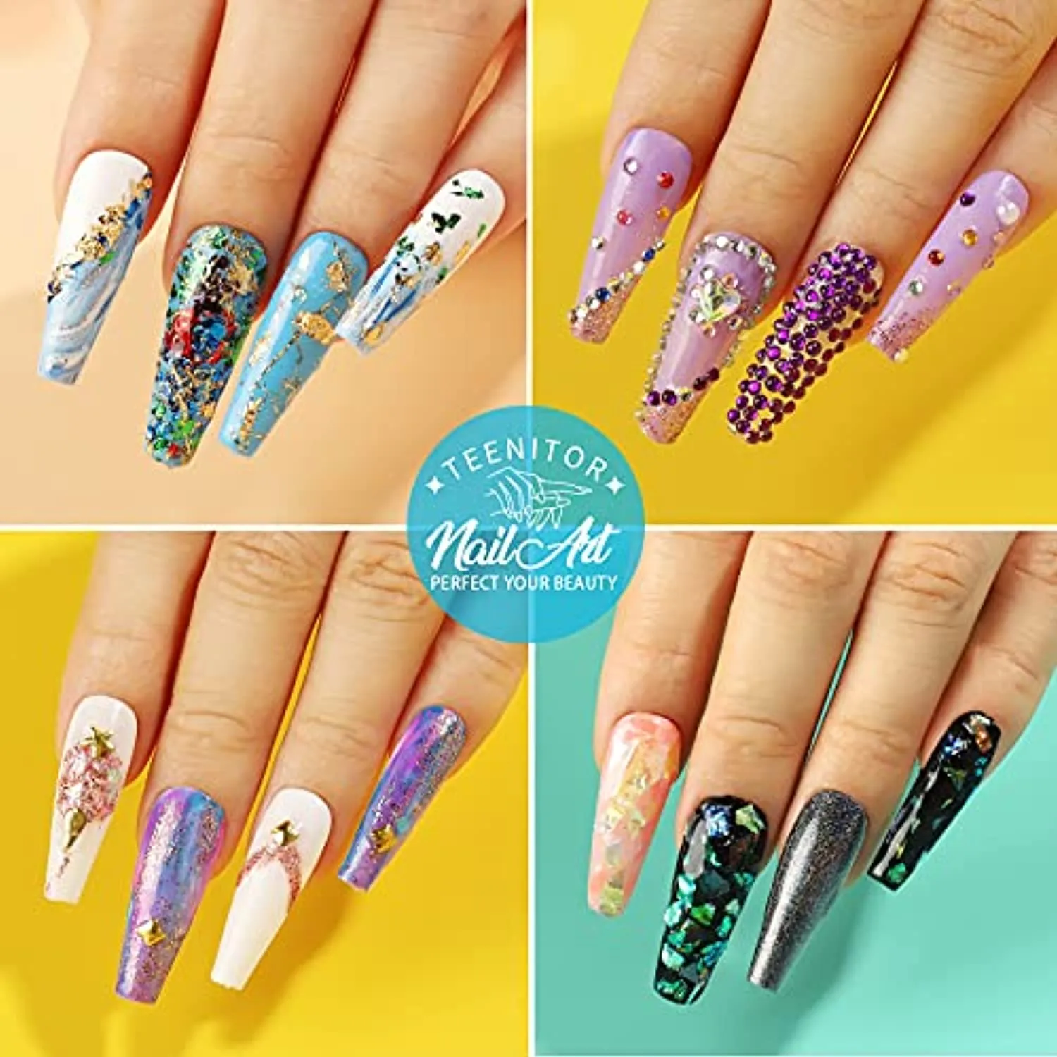 5 Box 11440pcs Nails Rhinestones, 36 Pots Foils Flakes, Teenitor Professional Nail Decoration with Gems for Nails Stud Foil for Nails Art
