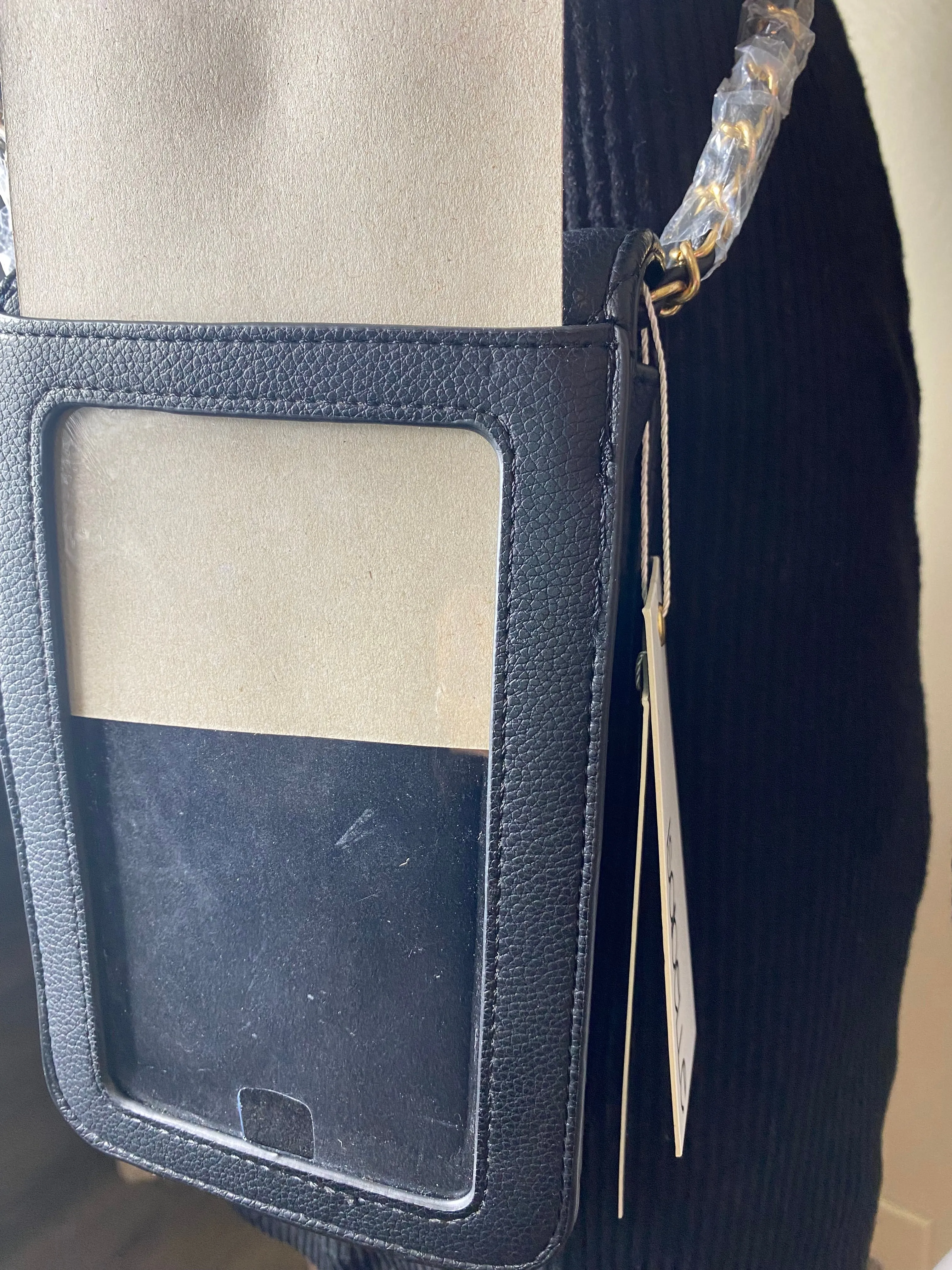 Above It All Purse Black Crossbody with Gold Tone Hardware and Chain Link Shoulder Strap