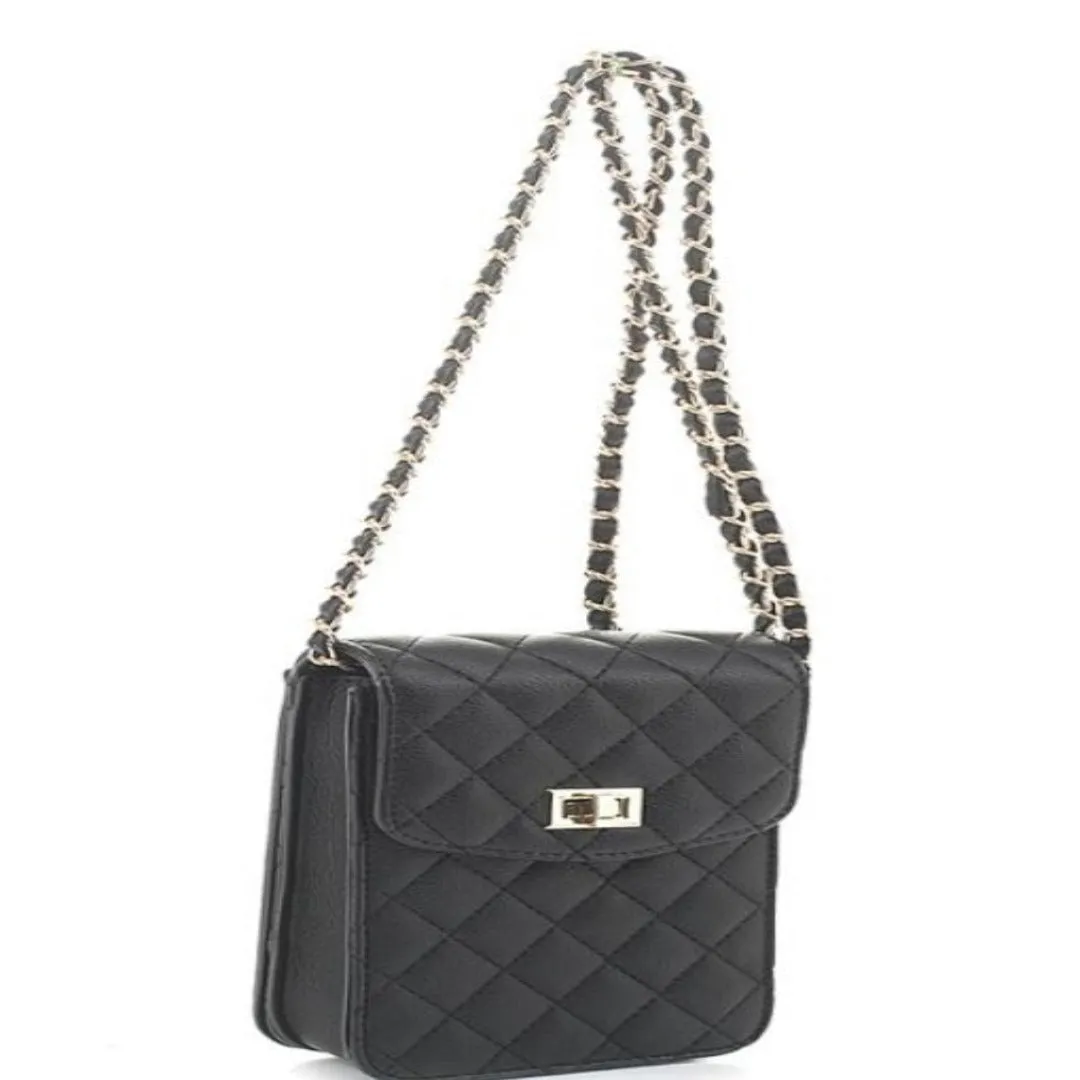 Above It All Purse Black Crossbody with Gold Tone Hardware and Chain Link Shoulder Strap