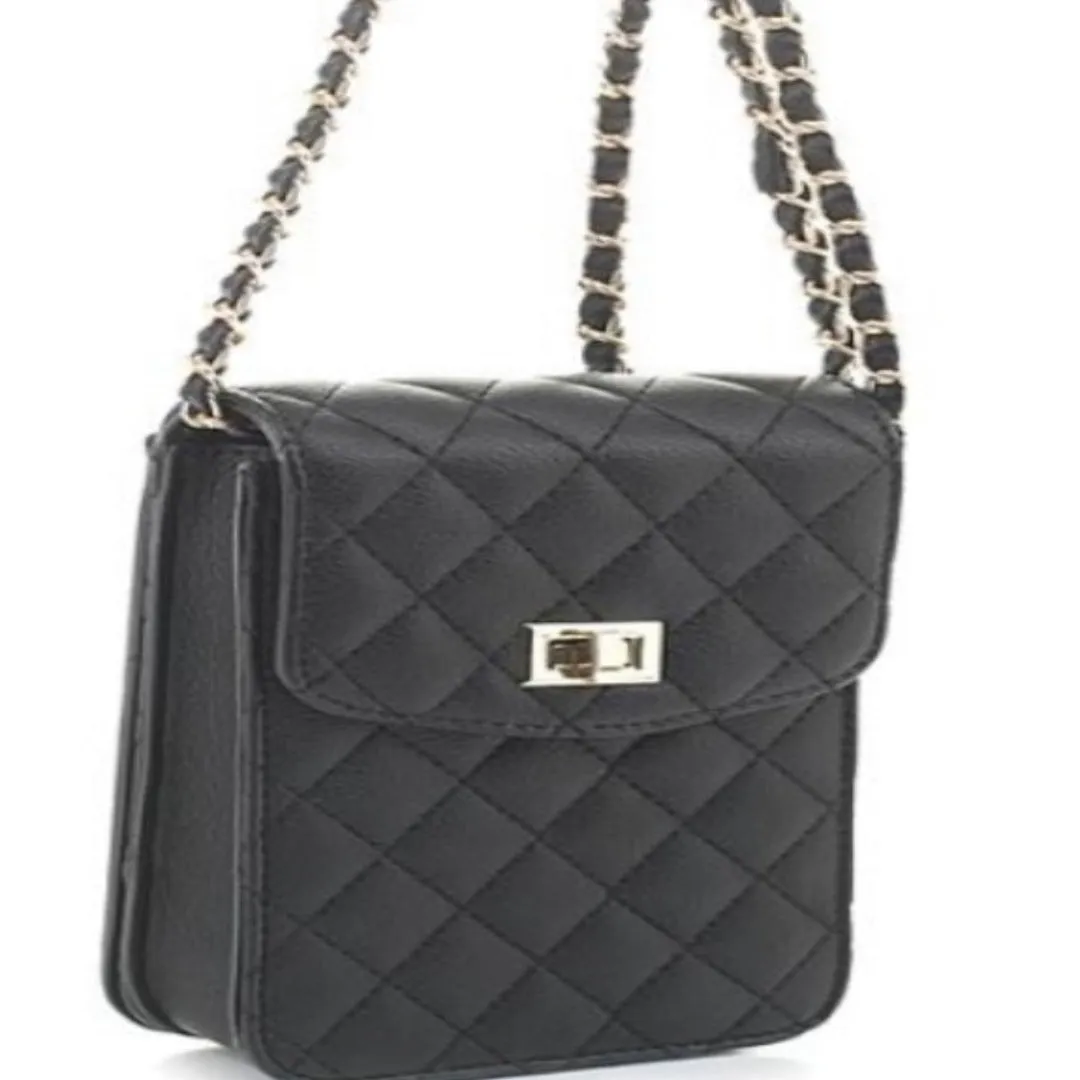 Above It All Purse Black Crossbody with Gold Tone Hardware and Chain Link Shoulder Strap