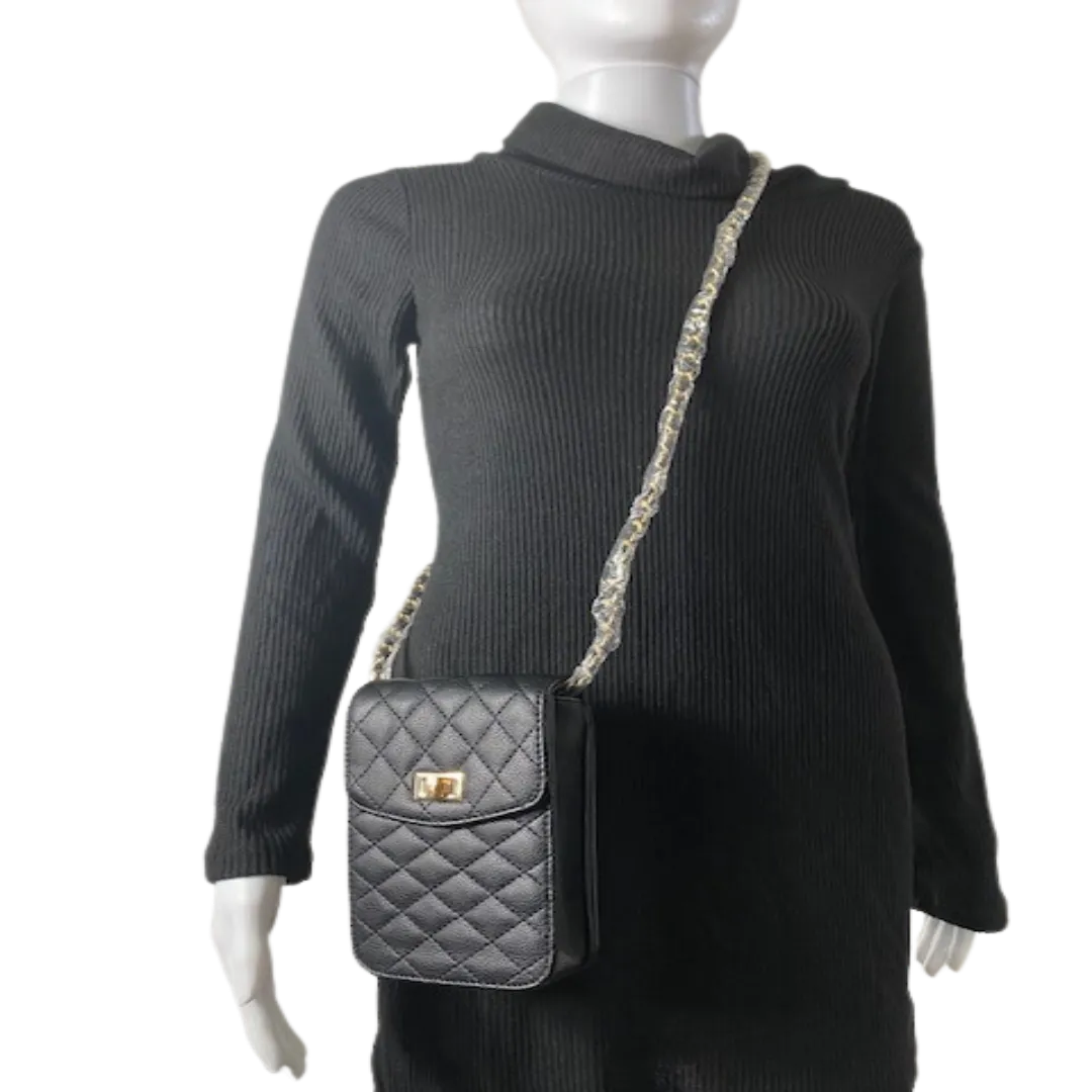 Above It All Purse Black Crossbody with Gold Tone Hardware and Chain Link Shoulder Strap