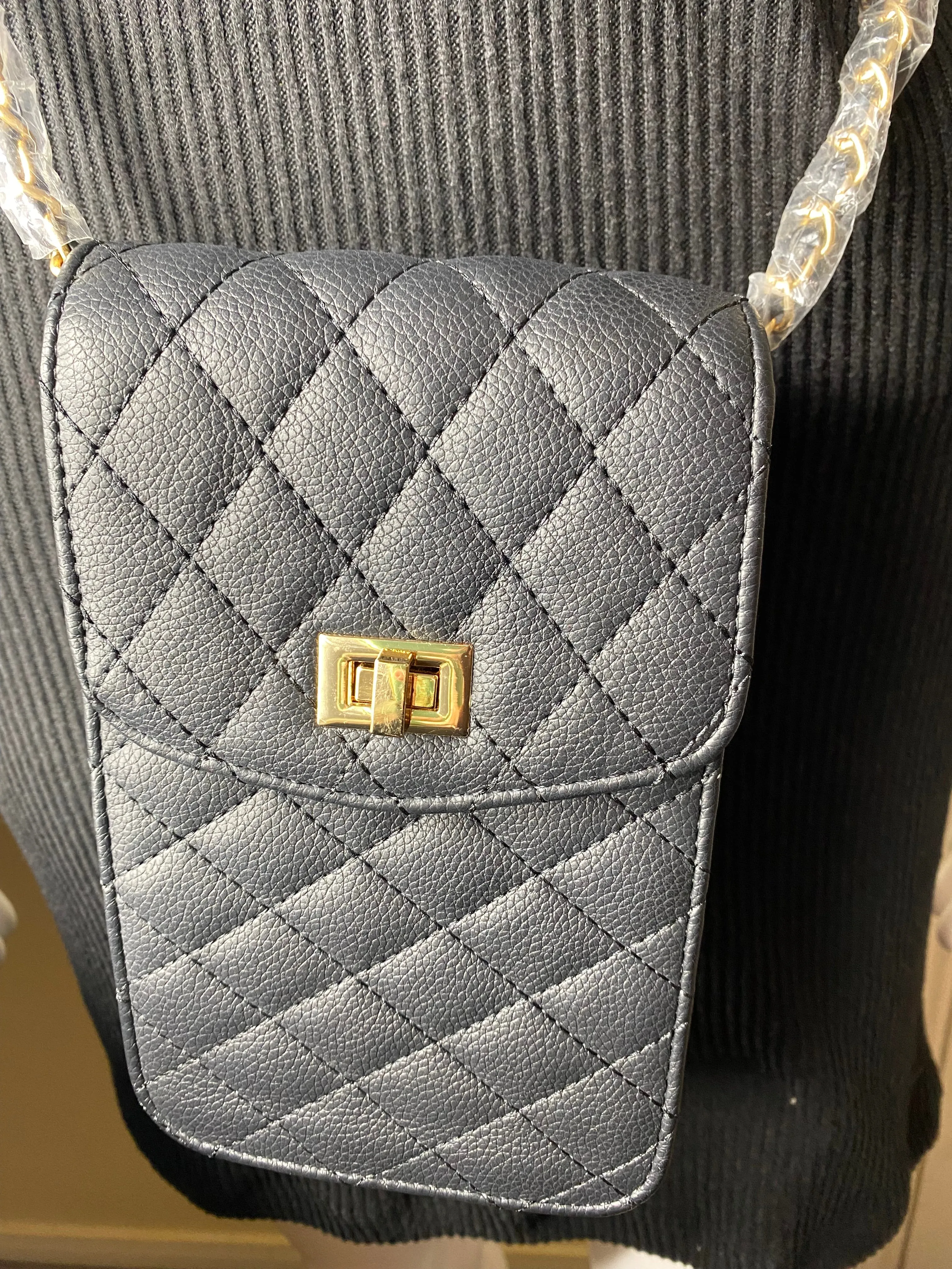 Above It All Purse Black Crossbody with Gold Tone Hardware and Chain Link Shoulder Strap