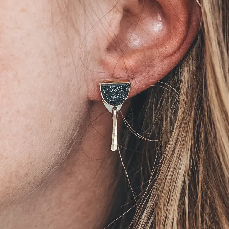 Baby Fringe Studs - Black Druzy Quartz, Mixed Metal