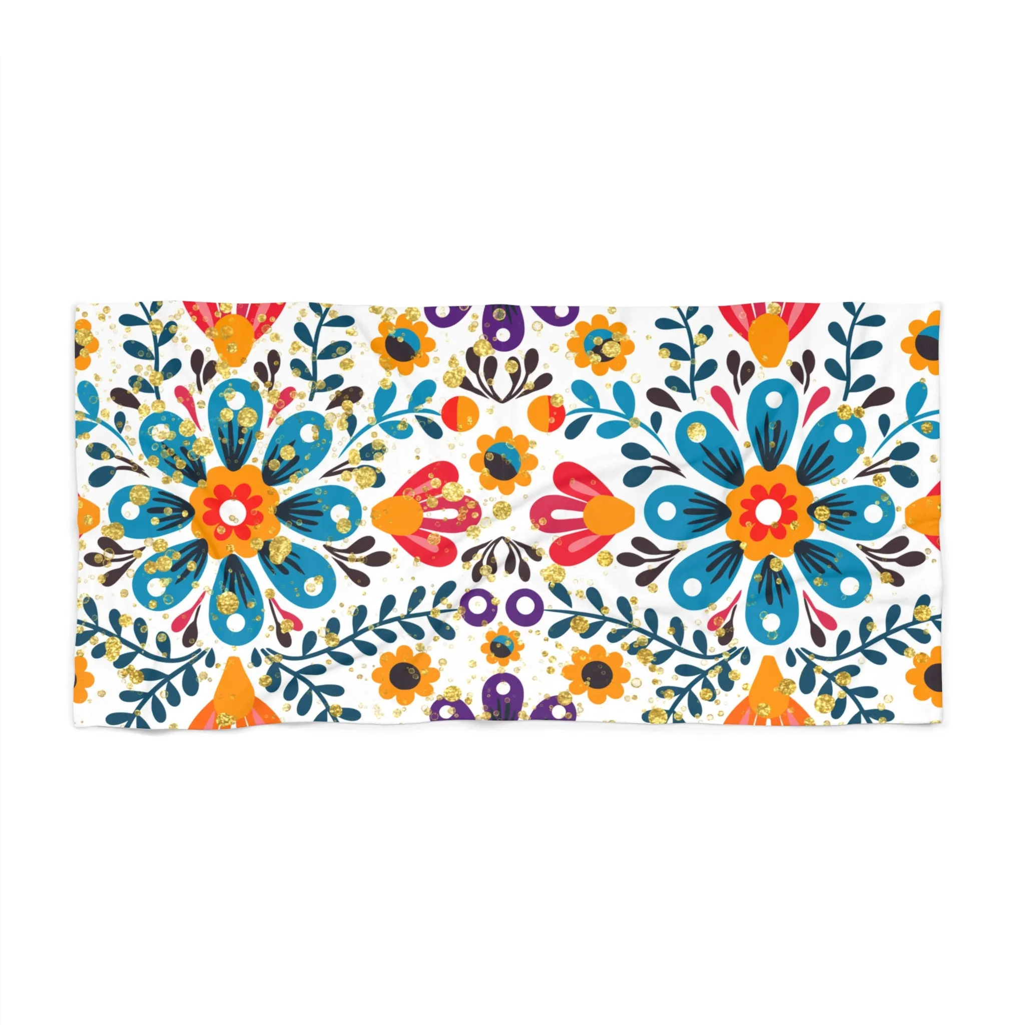 Bloom by the Shore Beach Towel – White Floral Folk Art Towel | Summer Boho by Stardust Cove