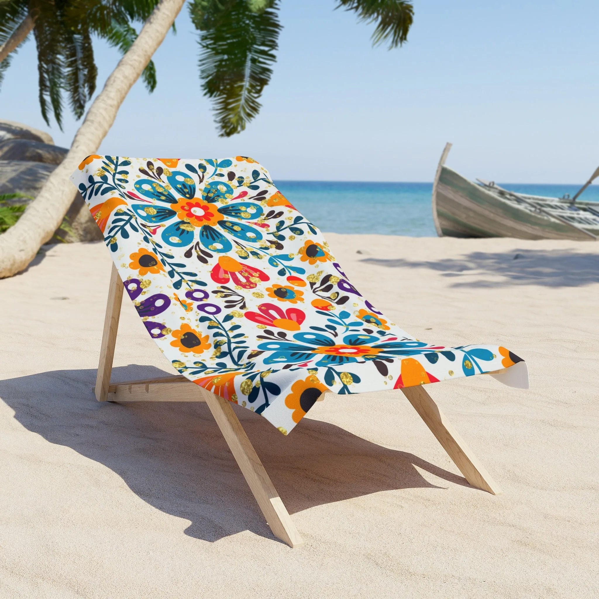 Bloom by the Shore Beach Towel – White Floral Folk Art Towel | Summer Boho by Stardust Cove