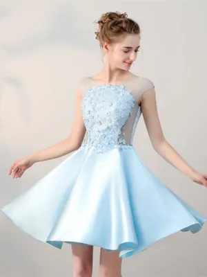 Blue Lace Pearls Cap Sleeves Mini Homecoming Dress