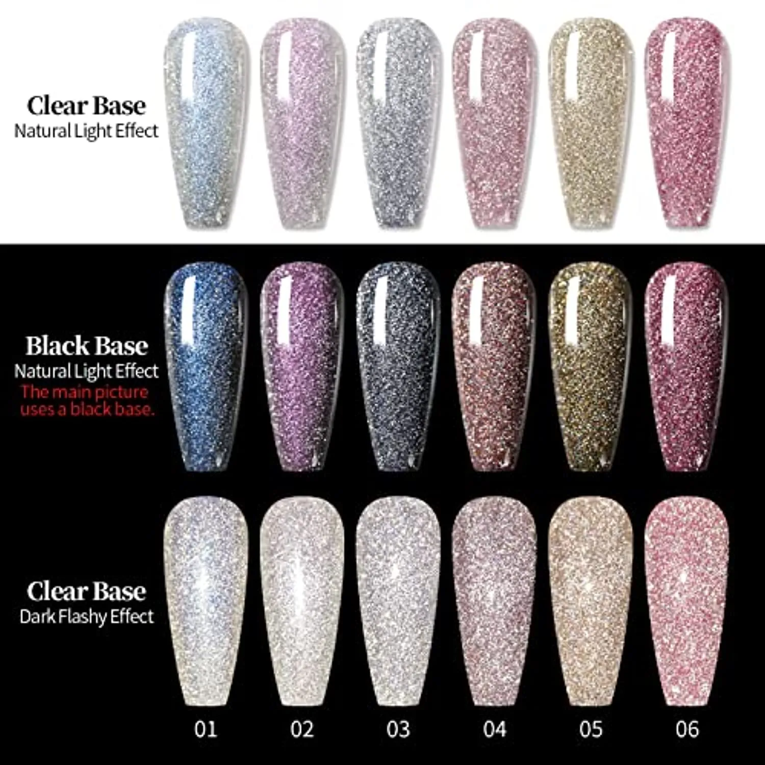 BORN PRETTY Reflective Glitter Gel Polish,Sparkly Shiny Disco DJ LED Gel Nail Polish Nail Varnish 6PCS 7ML