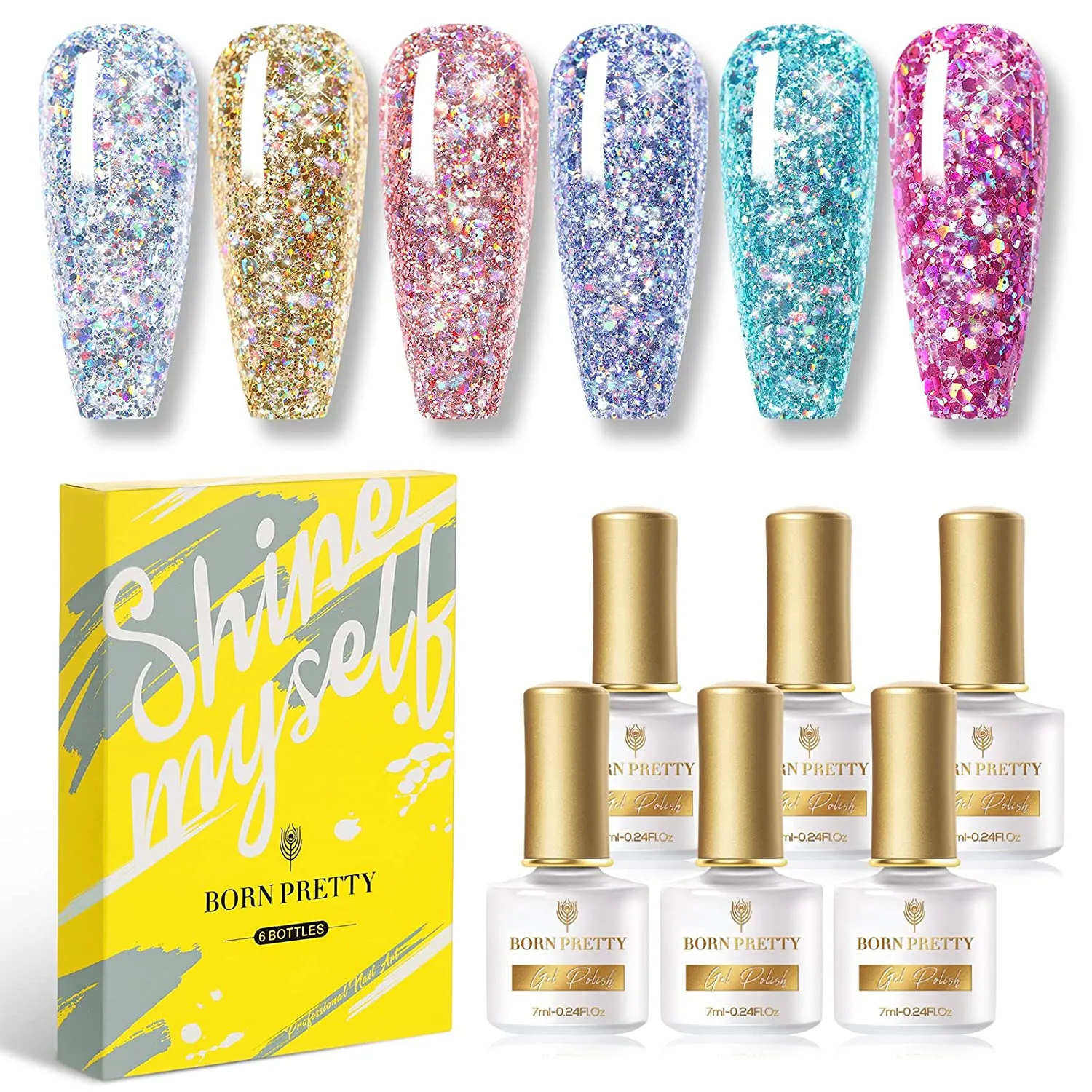 BORN PRETTY Reflective Glitter Gel Polish,Sparkly Shiny Disco DJ LED Gel Nail Polish Nail Varnish 6PCS 7ML