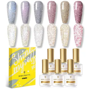 BORN PRETTY Reflective Glitter Gel Polish,Sparkly Shiny Disco DJ LED Gel Nail Polish Nail Varnish 6PCS 7ML
