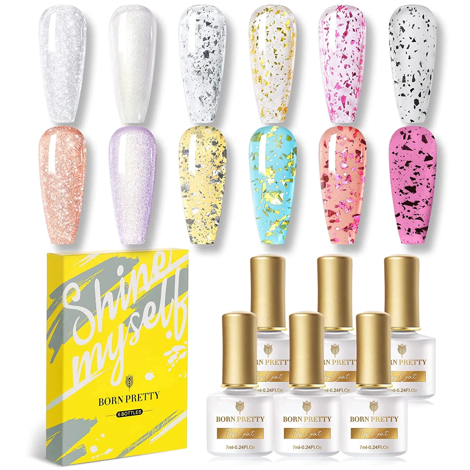 BORN PRETTY Reflective Glitter Gel Polish,Sparkly Shiny Disco DJ LED Gel Nail Polish Nail Varnish 6PCS 7ML