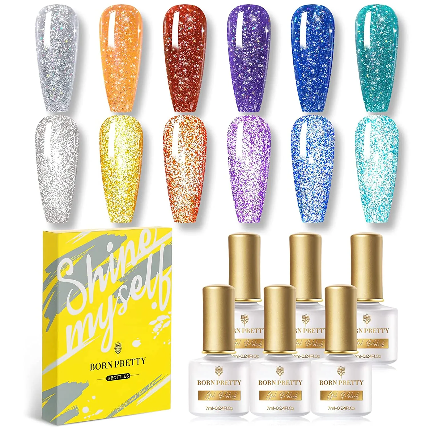 BORN PRETTY Reflective Glitter Gel Polish,Sparkly Shiny Disco DJ LED Gel Nail Polish Nail Varnish 6PCS 7ML
