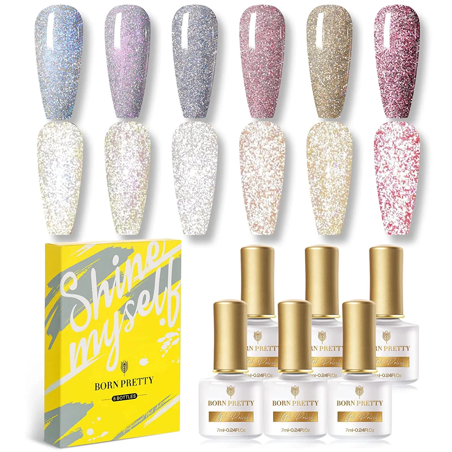 BORN PRETTY Reflective Glitter Gel Polish,Sparkly Shiny Disco DJ LED Gel Nail Polish Nail Varnish 6PCS 7ML