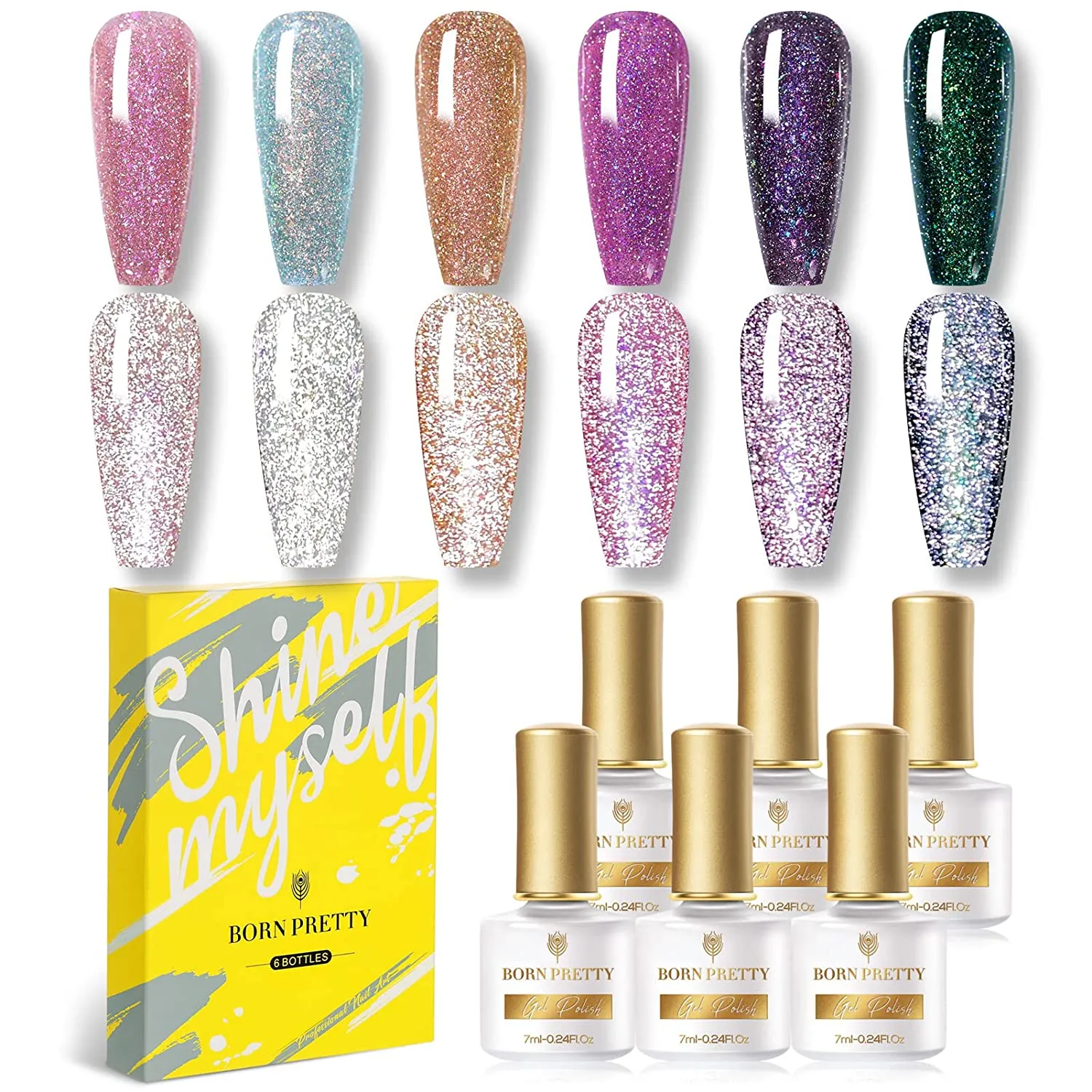 BORN PRETTY Reflective Glitter Gel Polish,Sparkly Shiny Disco DJ LED Gel Nail Polish Nail Varnish 6PCS 7ML