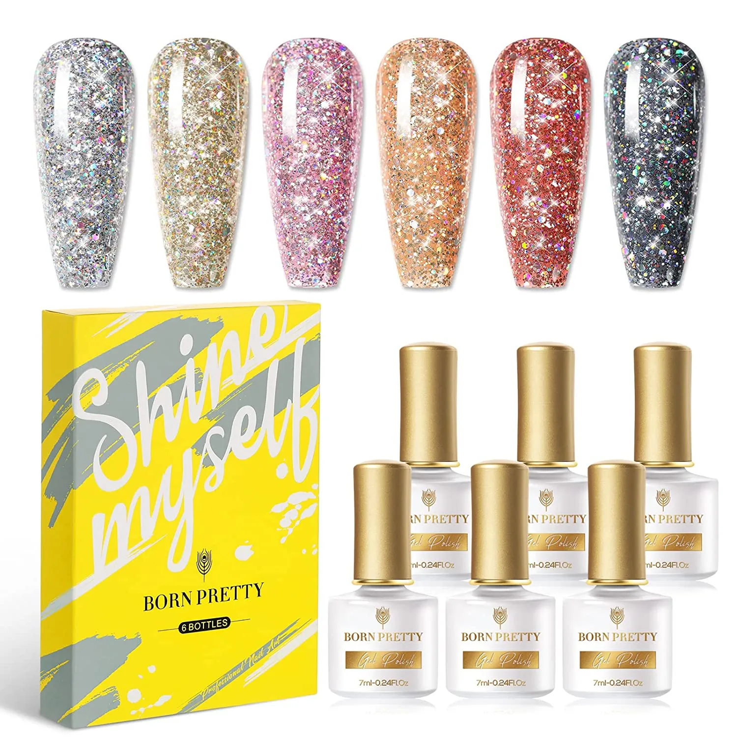 BORN PRETTY Reflective Glitter Gel Polish,Sparkly Shiny Disco DJ LED Gel Nail Polish Nail Varnish 6PCS 7ML