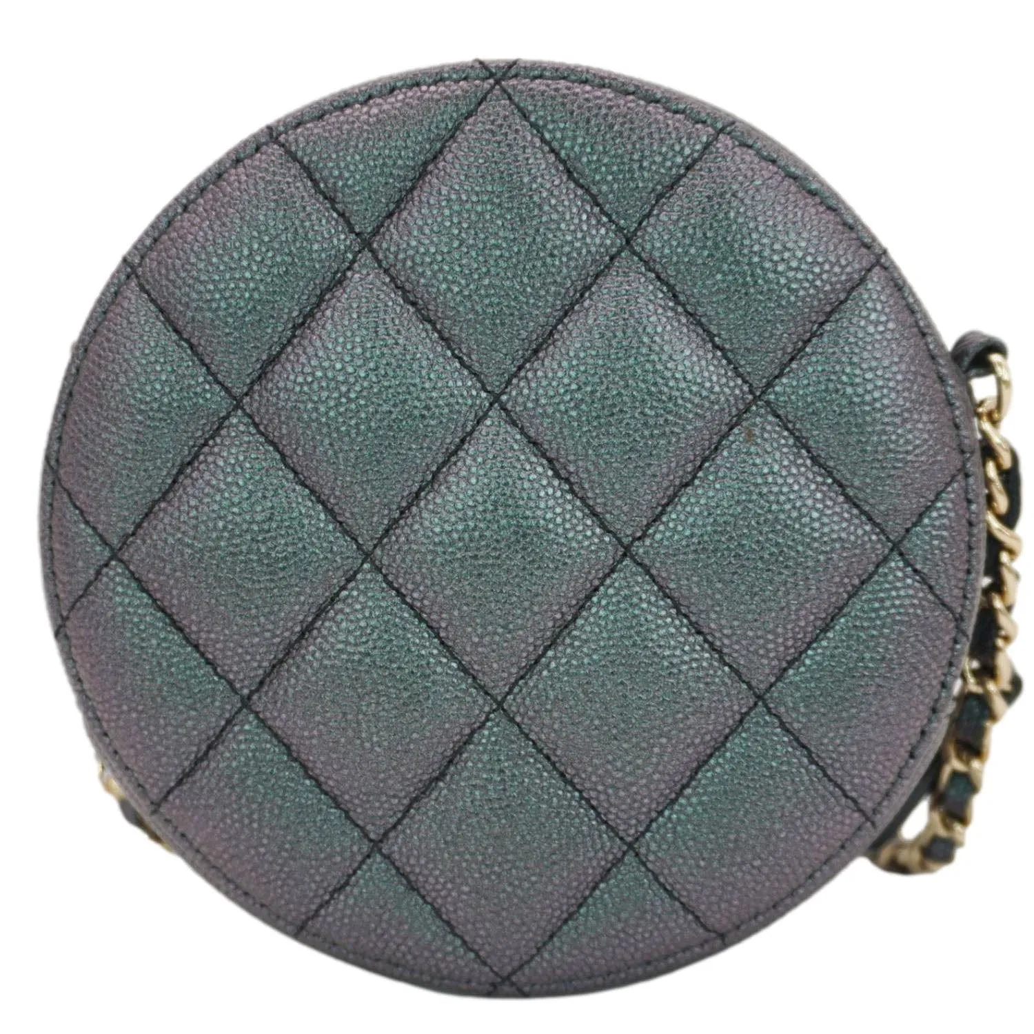 CHANEL Round Quilted Iridescent Caviar Leather Clutch Crossbody Bag Green