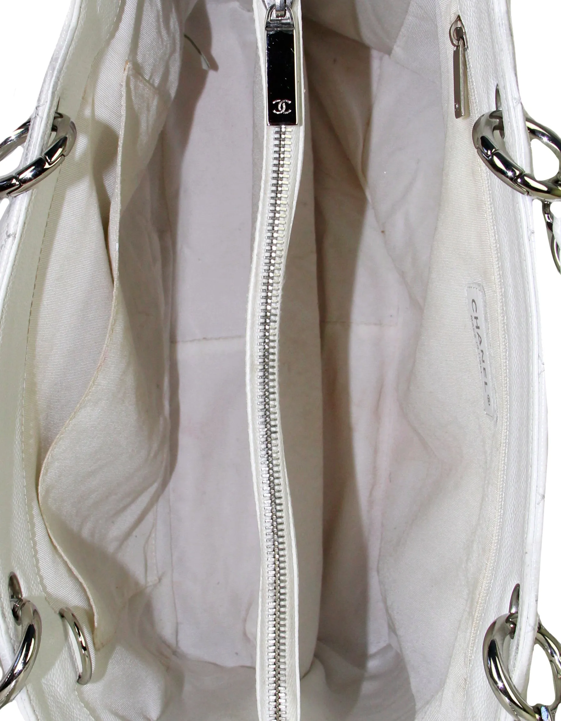 Chanel White Caviar Leather Quilted Grand Shopper Tote GST Bag