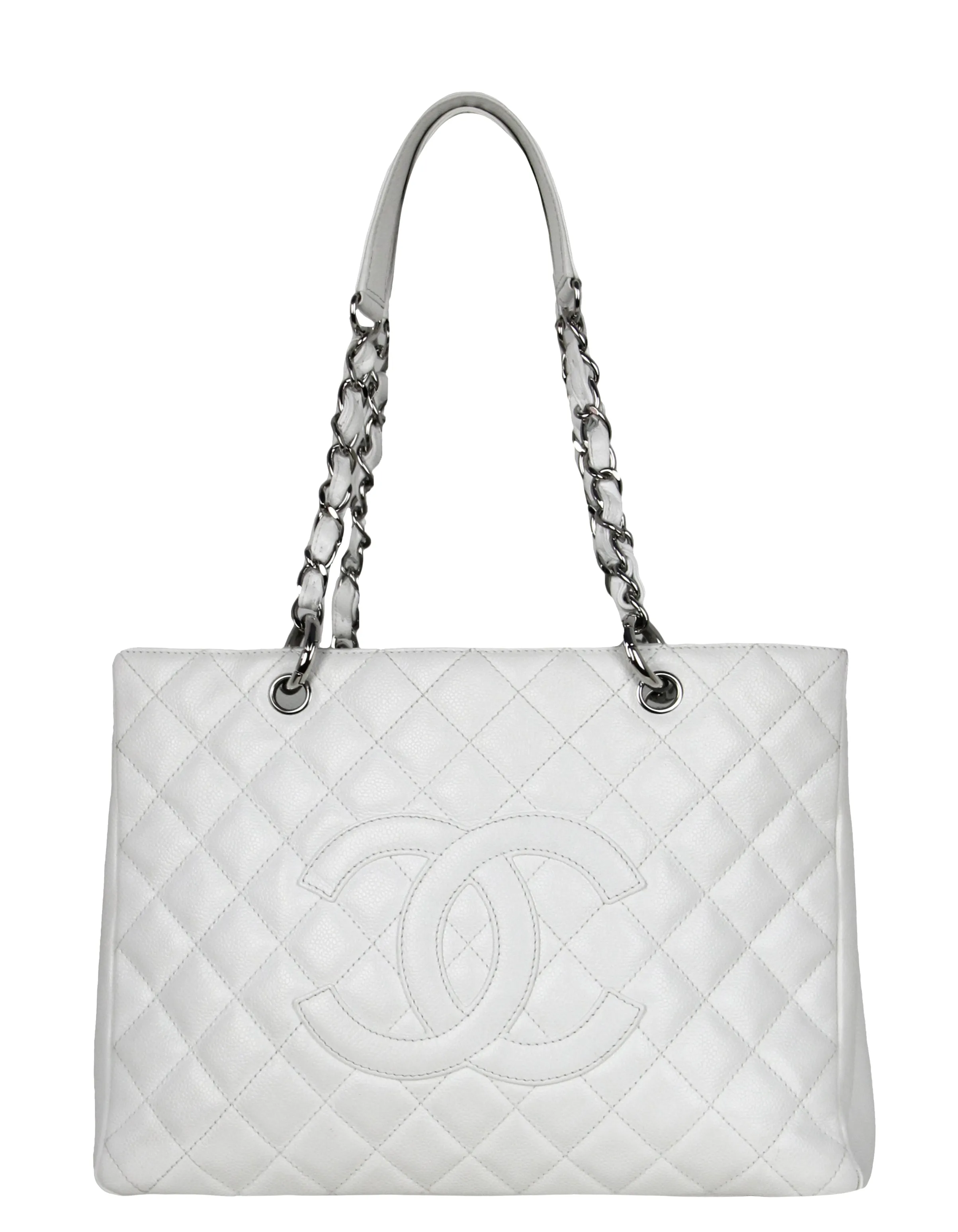 Chanel White Caviar Leather Quilted Grand Shopper Tote GST Bag