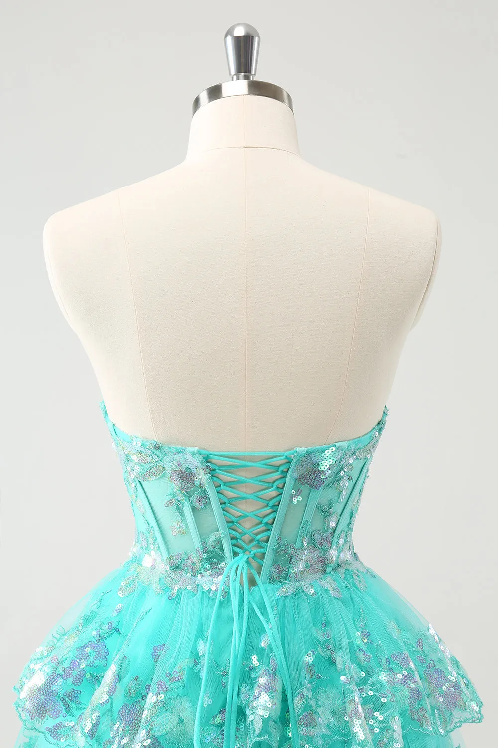 Cute Sparkly Green A Line Corset Tiered Short Homecoming Dress with Lace Up Back