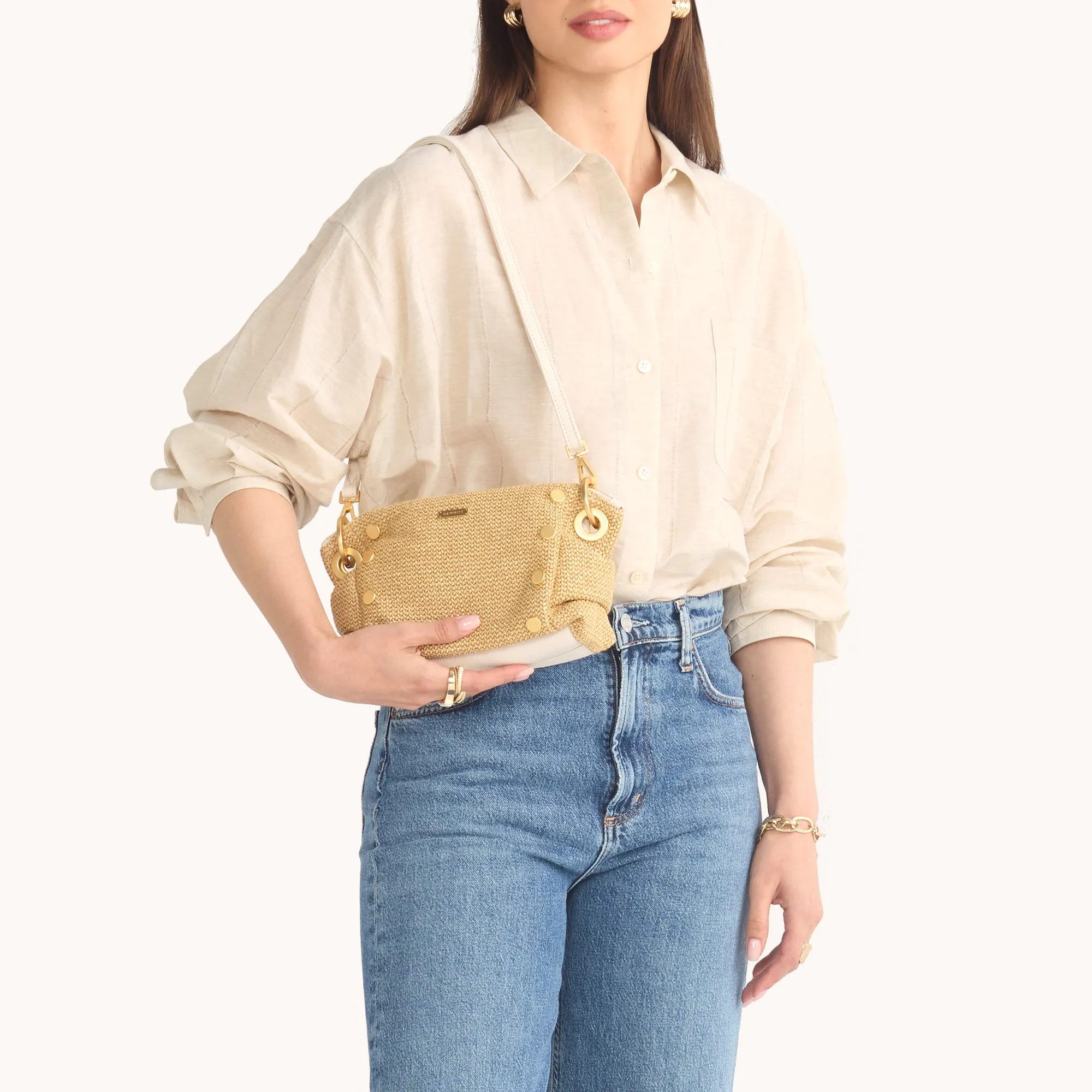 Daniel Crossbody Clutch | Calla Lily White Raffia/Brushed Gold | Sml