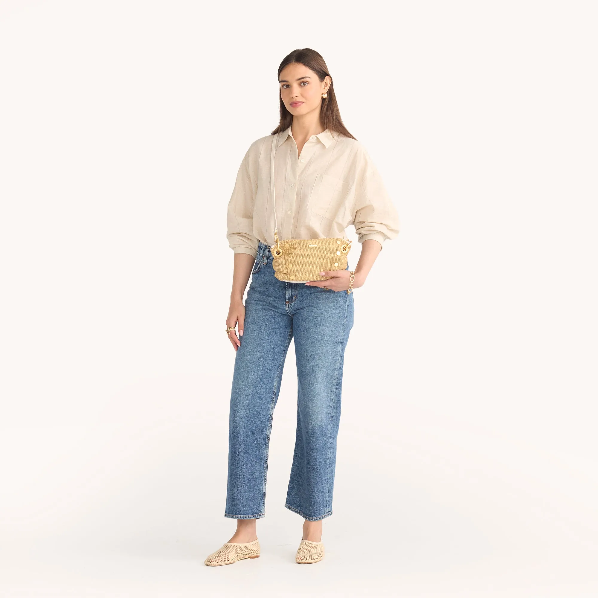 Daniel Crossbody Clutch | Calla Lily White Raffia/Brushed Gold | Sml