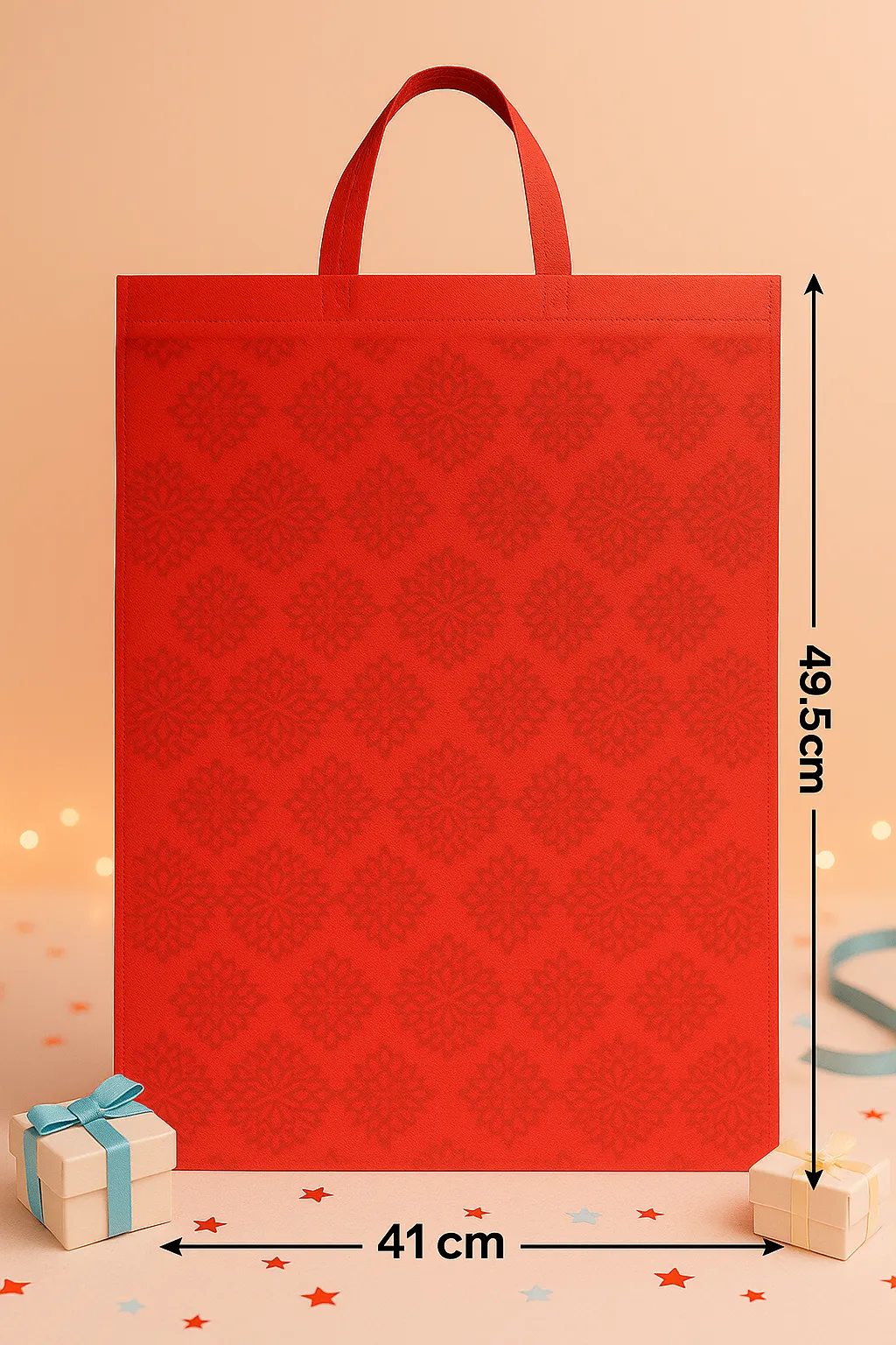 Designer Gift Bag with Damask Pattern, Red, Pack of 25, Reusable Shopping Tote with Handles
