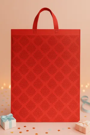 Designer Gift Bag with Damask Pattern, Red, Pack of 25, Reusable Shopping Tote with Handles