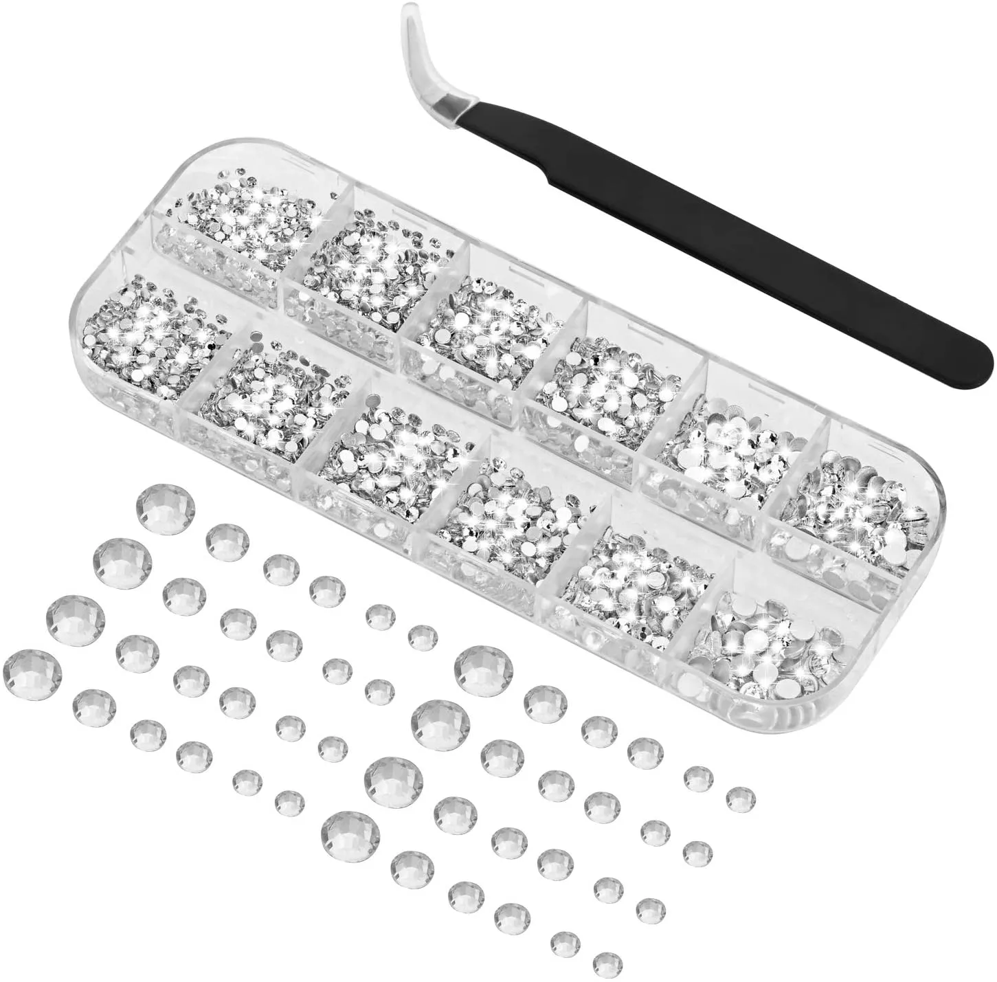 Ely D 3000PCS Flat Back Rhinestones for Nails, Round Gems, No HotFix Very Sparkly Nail Crystal for Nail - Art, 6 Sizes with Pick Up Tweezer, for Face Clothes Crafts Shoes Bags, Clear Rhinestone