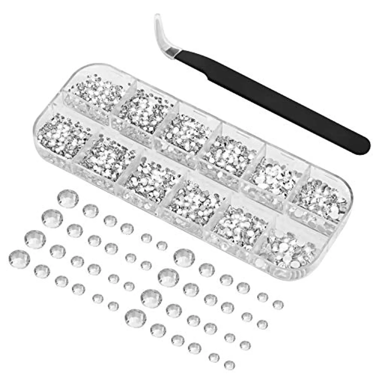 Ely D 3000PCS Flat Back Rhinestones for Nails, Round Gems, No HotFix Very Sparkly Nail Crystal for Nail - Art, 6 Sizes with Pick Up Tweezer, for Face Clothes Crafts Shoes Bags, Clear Rhinestone