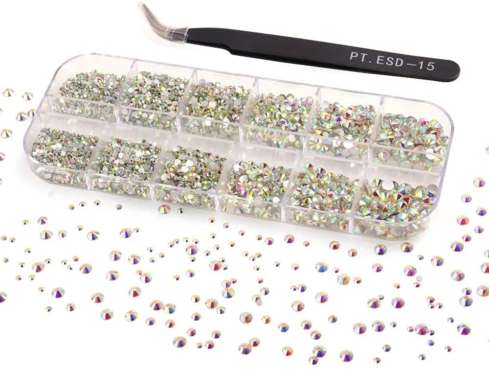 Ely D 3000PCS Flat Back Rhinestones for Nails, Round Gems, No HotFix Very Sparkly Nail Crystal for Nail - Art, 6 Sizes with Pick Up Tweezer, for Face Clothes Crafts Shoes Bags, Clear Rhinestone