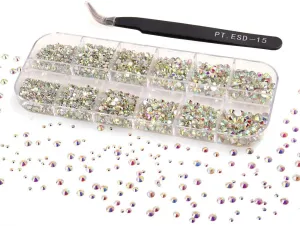 Ely D 3000PCS Flat Back Rhinestones for Nails, Round Gems, No HotFix Very Sparkly Nail Crystal for Nail - Art, 6 Sizes with Pick Up Tweezer, for Face Clothes Crafts Shoes Bags, Clear Rhinestone