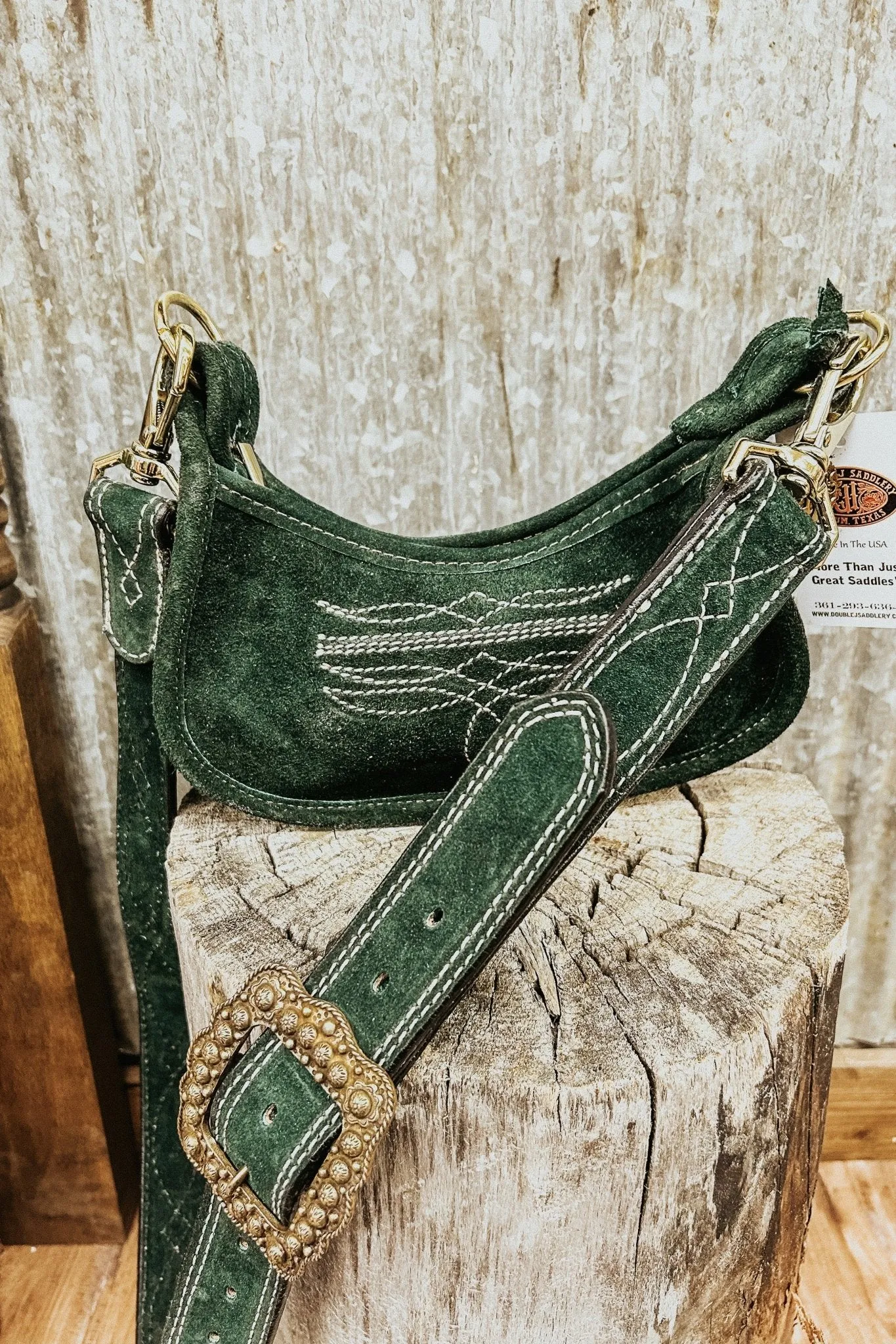Green Suede Double J Purse with Cream Bootstitch