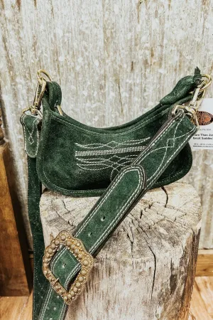 Green Suede Double J Purse with Cream Bootstitch