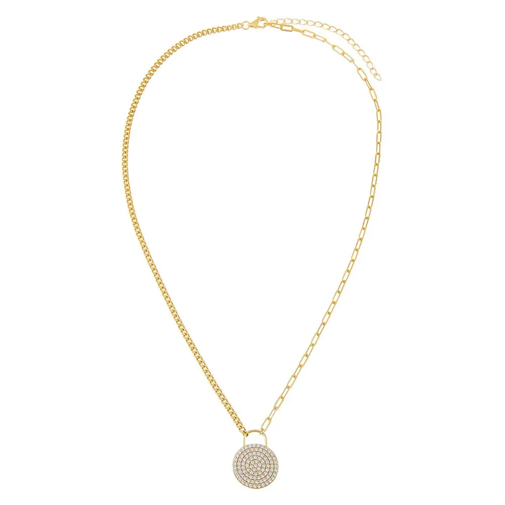 Half Pavé Mixed Chain Disc Necklace
