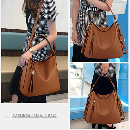 Hobo Handbags for Women Large Waterproof Leather Purses Ladies Tote Satchel Purse Shoulder Bag,Brown