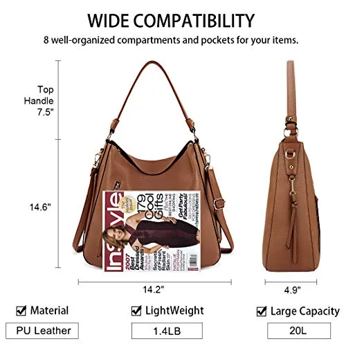 Hobo Handbags for Women Large Waterproof Leather Purses Ladies Tote Satchel Purse Shoulder Bag,Brown