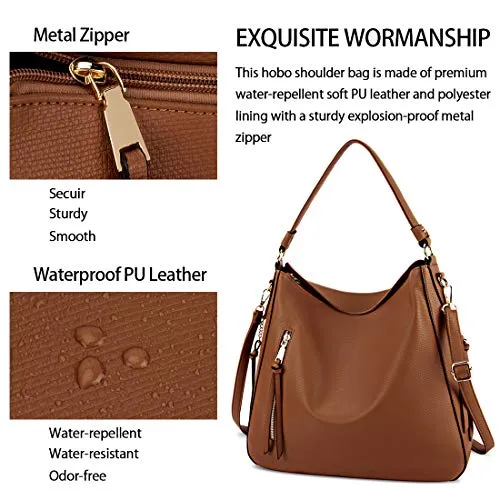 Hobo Handbags for Women Large Waterproof Leather Purses Ladies Tote Satchel Purse Shoulder Bag,Brown