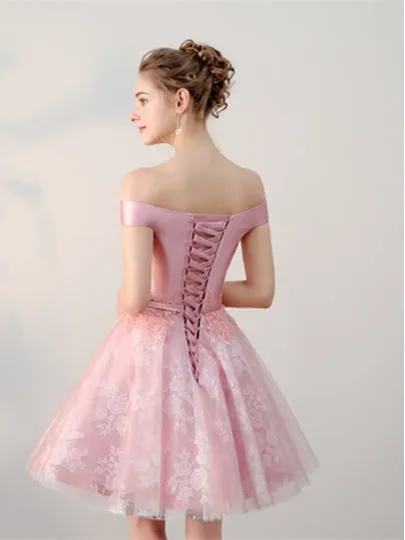 Lace Off-the-Shoulder Pink Sashes Mini Homecoming Dress