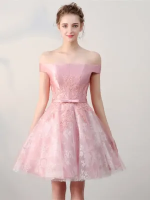 Lace Off-the-Shoulder Pink Sashes Mini Homecoming Dress