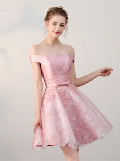 Lace Off-the-Shoulder Pink Sashes Mini Homecoming Dress