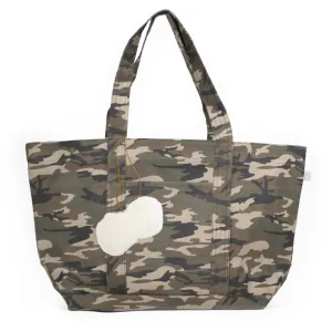 Large Zipper Tote Green Camo with Cream Pom Poms