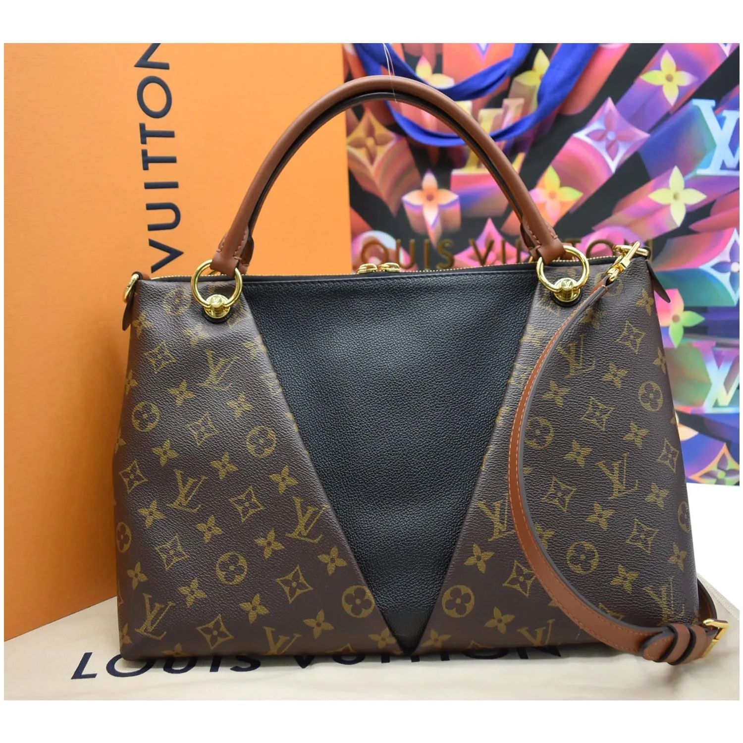 LOUIS VUITTON V MM Monogram Canvas Tote Bag Black