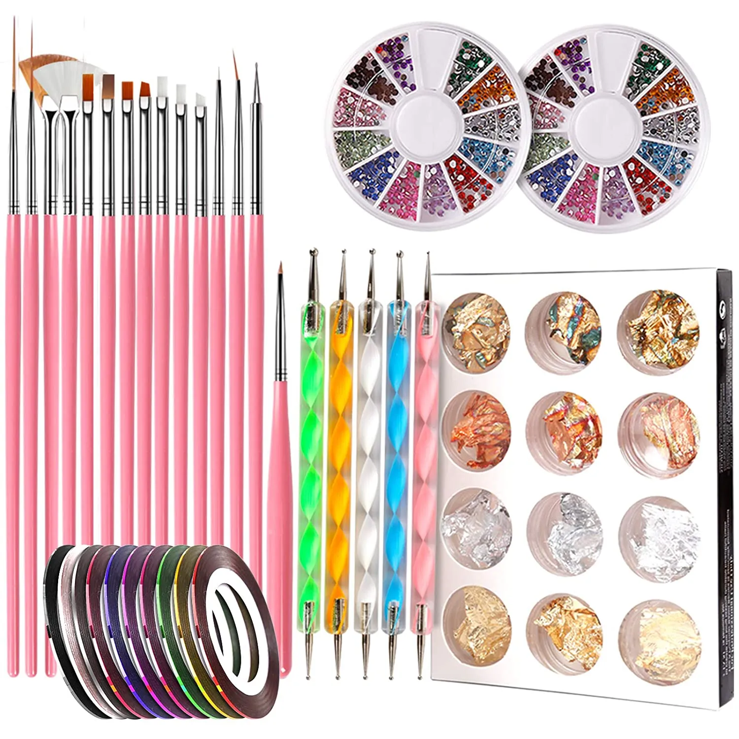 Nail Pen Designer, Teenitor Stamp Nail Art Tool with 15pcs Nail Painting Brushes, Nail Dotting Tool, Nail Foil, Manicure Tape, Color Rhinestones for Nails