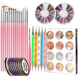 Nail Pen Designer, Teenitor Stamp Nail Art Tool with 15pcs Nail Painting Brushes, Nail Dotting Tool, Nail Foil, Manicure Tape, Color Rhinestones for Nails