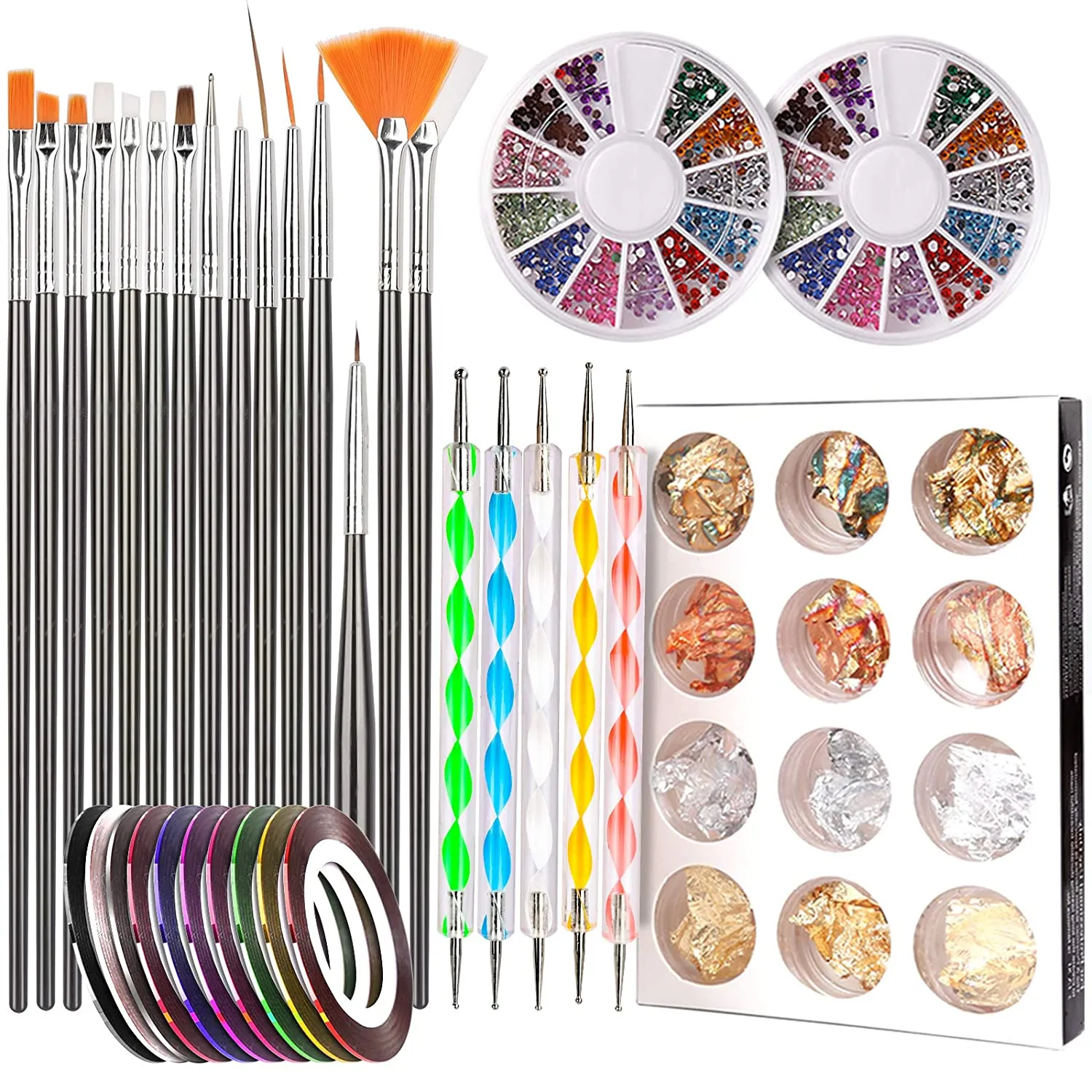 Nail Pen Designer, Teenitor Stamp Nail Art Tool with 15pcs Nail Painting Brushes, Nail Dotting Tool, Nail Foil, Manicure Tape, Color Rhinestones for Nails